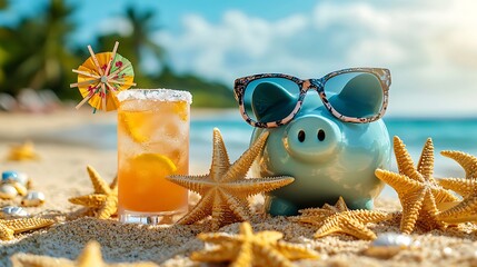 Piggy Bank on Beach Vacation Savings Summer Travel