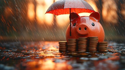 Piggy Bank Protected by Umbrella in Rain