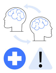 Two brains connected by arrows represent idea sharing, supported by medical cross and alert triangle. Ideal for mental health awareness, teamwork, communication, medical care, awareness campaigns