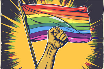 Raised Fist Holding a Rainbow Pride Flag with a Burst Background