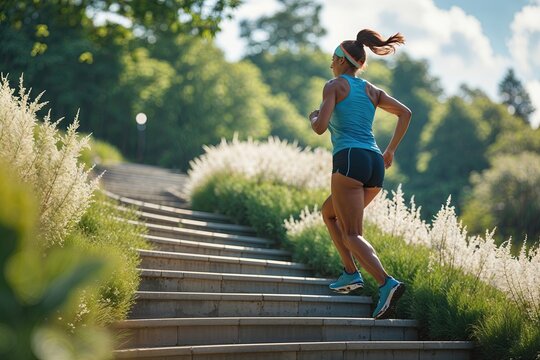 Curvy Runner Climbing Stairs in Refreshing Summer Environment