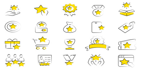 Vector icon set with stars — rating, rewards, reviews, loyalty program symbols