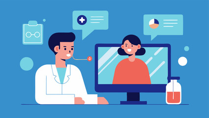 Telemedicine Consultation A doctor consulting a patient through a screen with a digital representation of the patients body showing live health metrics and treatment simulations.