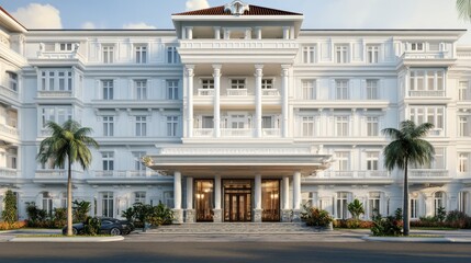 Obraz premium Grand hotel exterior with symmetrical design, marble columns, and decorative plants