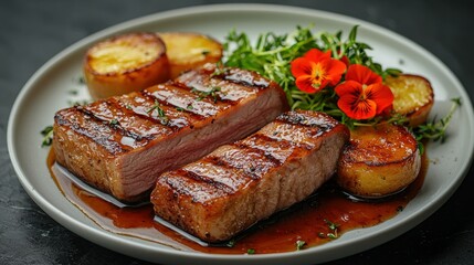 Grilled meat, potatoes, herbs, & edible flowers on a grey plate