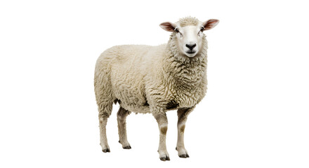 Standing sheep with thick woolly white fleece on transparent background