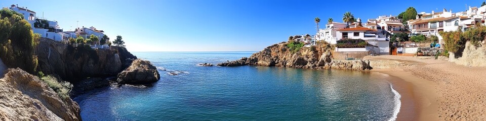 Beautiful Coastal View of a Picturesque Village Overlooking the Clear Blue Sea During a Sunny Day in a Coastal Region Known for Its Charm and Sandy Beaches