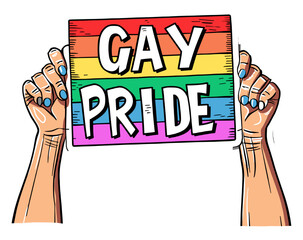 Hands Holding a "GAY PRIDE" Sign with Rainbow Stripes