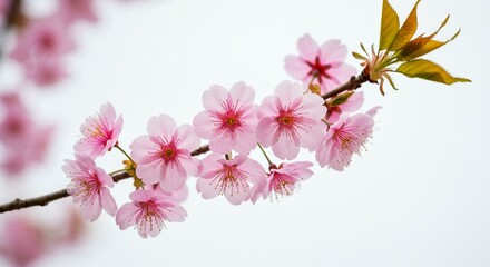 Naklejka premium Delicate pink blossoms grace a flowering branch against a soft white backdrop.