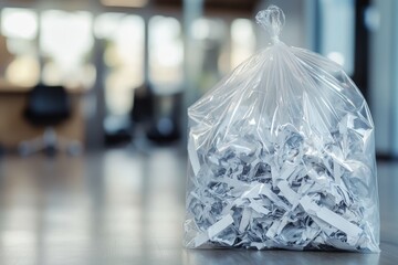 Shredded paper prepared for recycling in a modern office environment showcasing sustainable practices and organization