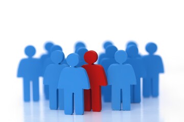 Colorful wooden figures representing diverse people gather together in a creative display on a textured surface