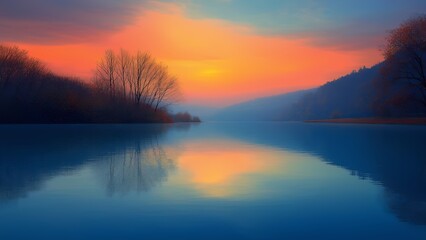 Fototapeta premium Twilight colors blend in the sky as the sun sets behind distant hills. A serene river mirrors the landscape, creating a peaceful atmosphere in nature.