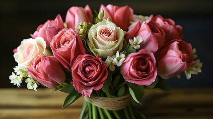 Naklejka premium Roses and tulips bouquet on the wooden table