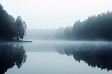Fototapeta premium Stillness envelops a tranquil lake in winter as the morning sun casts a soft glow. Mist gently rises from the water's surface, mirroring the serene landscape and distant trees.