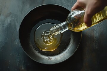 Pouring used cooking oil from frying pan into glass bottle for proper disposal in home kitchen setting