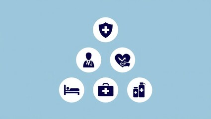 Health insurance and medical care concept. A set of wooden blocks displaying health-related icons, medical care, health insurance, and medication. healthcare services, protection, insurance coverage,