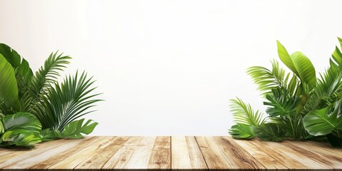Lush Green Foliage Framing a Wooden Platform Ideal for Presentations or Events in a Natural Setting