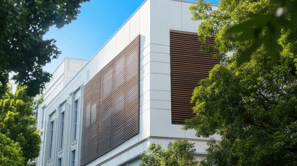Fototapeta premium Corner view of home with slatted wood accents extending across plaster walls