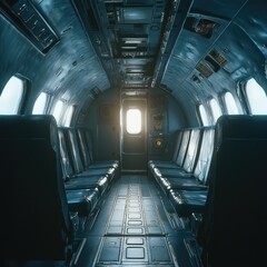 Empty airplane interior, dark and futuristic