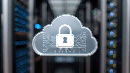Cybersecurity Artificial Intelligence  Data Protection concept, Digital cloud with a padlock symbol, representing cybersecurity and data protection in a server room.