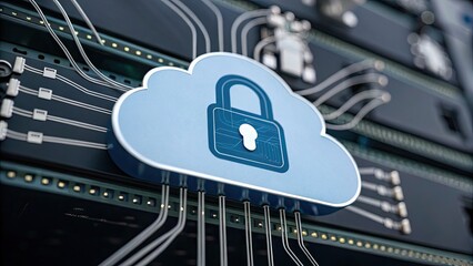 Cybersecurity Artificial Intelligence  Data Protection concept, Cloud computing with a padlock symbol representing cybersecurity and digital protection.