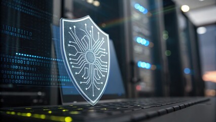 Cybersecurity Artificial Intelligence  Data Protection concept, Digital shield symbolizing cybersecurity in a modern data center environment.