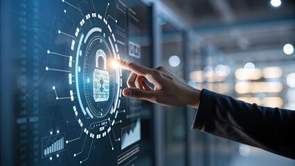 Cybersecurity Artificial Intelligence  Data Protection concept, A hand interacts with a digital security interface featuring a padlock icon.