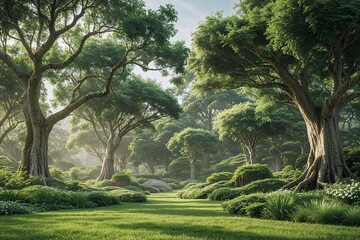 Fototapeta premium Breathtaking Natural Landscape Featuring Lush Trees and Vibrant Greenery for a Calm and Relaxing Atmosphere