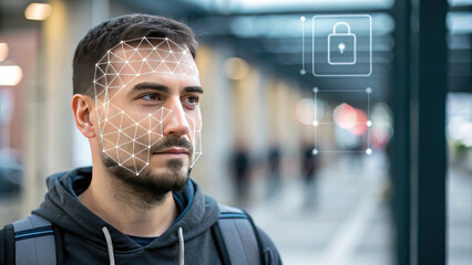 Cybersecurity Artificial Intelligence  Data Protection concept, A man with a facial recognition grid overlay in an urban setting.