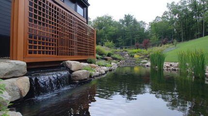 Naklejka premium Exterior view with angled lattice wall blocking unsightly utility corner