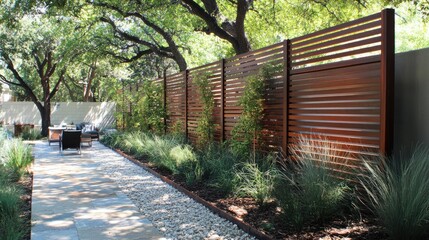 Fence with multi-layered wood slat design built from ground to full height