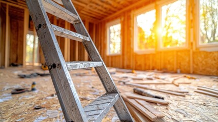 Ladder in wood-framed room under construction with sunlight streaming through windows