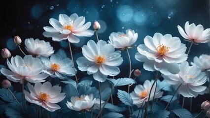 White flowers in digital art style on dark blue background