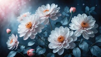 White flowers in digital art style on dark blue background