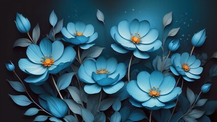 Blue floral illustration with orange centers on dark background
