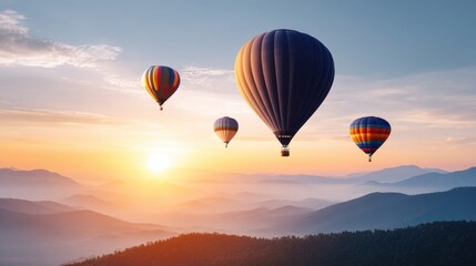 Fototapeta premium Colorful hot air balloons soar above misty mountains at sunset, creating a peaceful and stunning landscape.