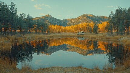 Fototapeta premium Serene Autumn Reflection: Camper Van by a Mountain Lake