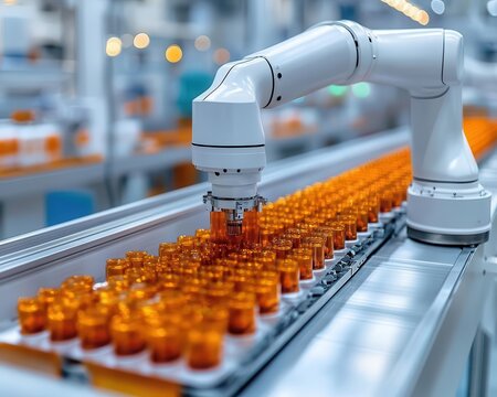 A robotic system packaging products in a pharmaceutical manufacturing plant, Robotics, Efficient and sterile
