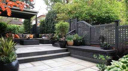 Obraz premium Outdoor staircase with side panels made of horizontal slatted screen lattice