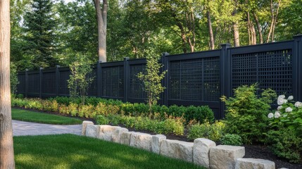 Privacy fence made of dark wood screen lattice next to garden path