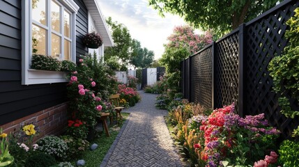 Obraz premium Side alley with tall privacy wall and dark vertical lattice fencing