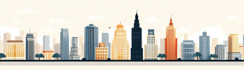 Obraz premium A colorful, stylized skyline featuring various buildings, showcasing modern architecture against a light background with trees and birds.