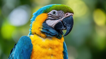 Fototapeta premium Vibrant blue and gold macaw with a striking black beak, captured in a close-up portrait against a blurred green backdrop