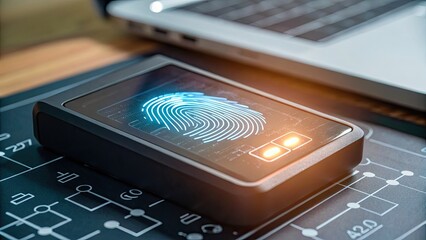 Cybersecurity artificial Intelligence machine Learning concept, Fingerprint scanner on a circuit board with a laptop in the background.