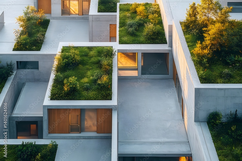 Poster 都会的な建築の空中ビュー 構造のコントラスト 太陽光と緑の植物が特徴的な幾何学的なデザイン