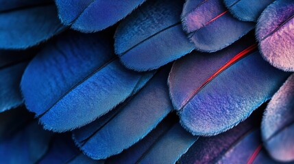 Obraz premium Intricate, overlapping blue and violet bird feathers create a textured, vibrant close-up. A striking display of natural detail