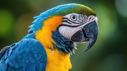 Fototapeta premium Vibrant blue and gold macaw with striking plumage and a powerful black beak, captured in a detailed close-up