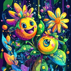 Fototapeta premium Vibrant Floral Fantasy: A Whimsical Garden of Joyful Fruits