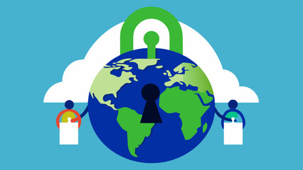 Locked Up Ideas A giant padlock hanging on a globe made of green and blue elements with activists outside trying to access it showcasing the suppression of innovative climate