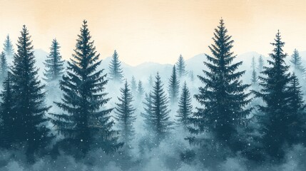 Serene Winter Forest Landscape: Misty Mountains and Snow-Covered Pines